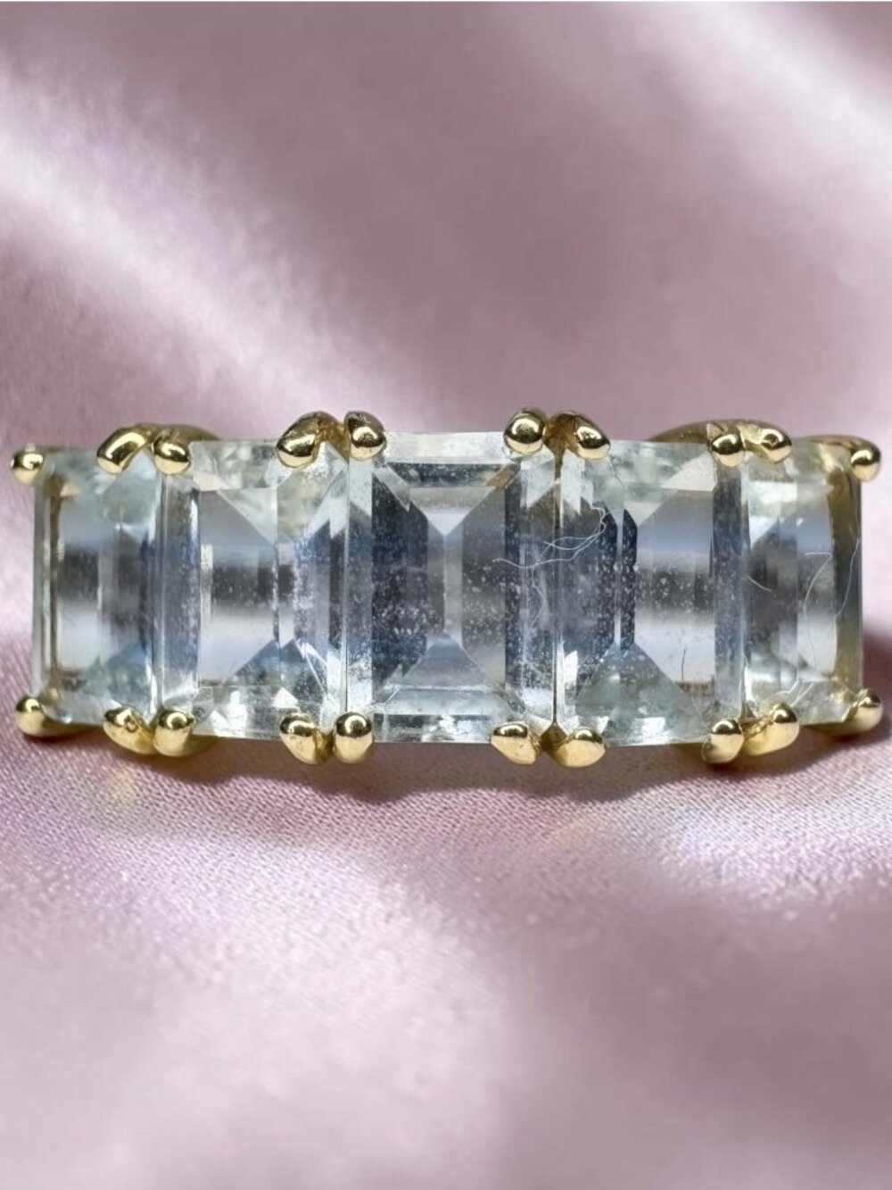 14K Gold Natural Aquamarine Ring 3CTTW Emerald Cut Five Stone Size 9.25